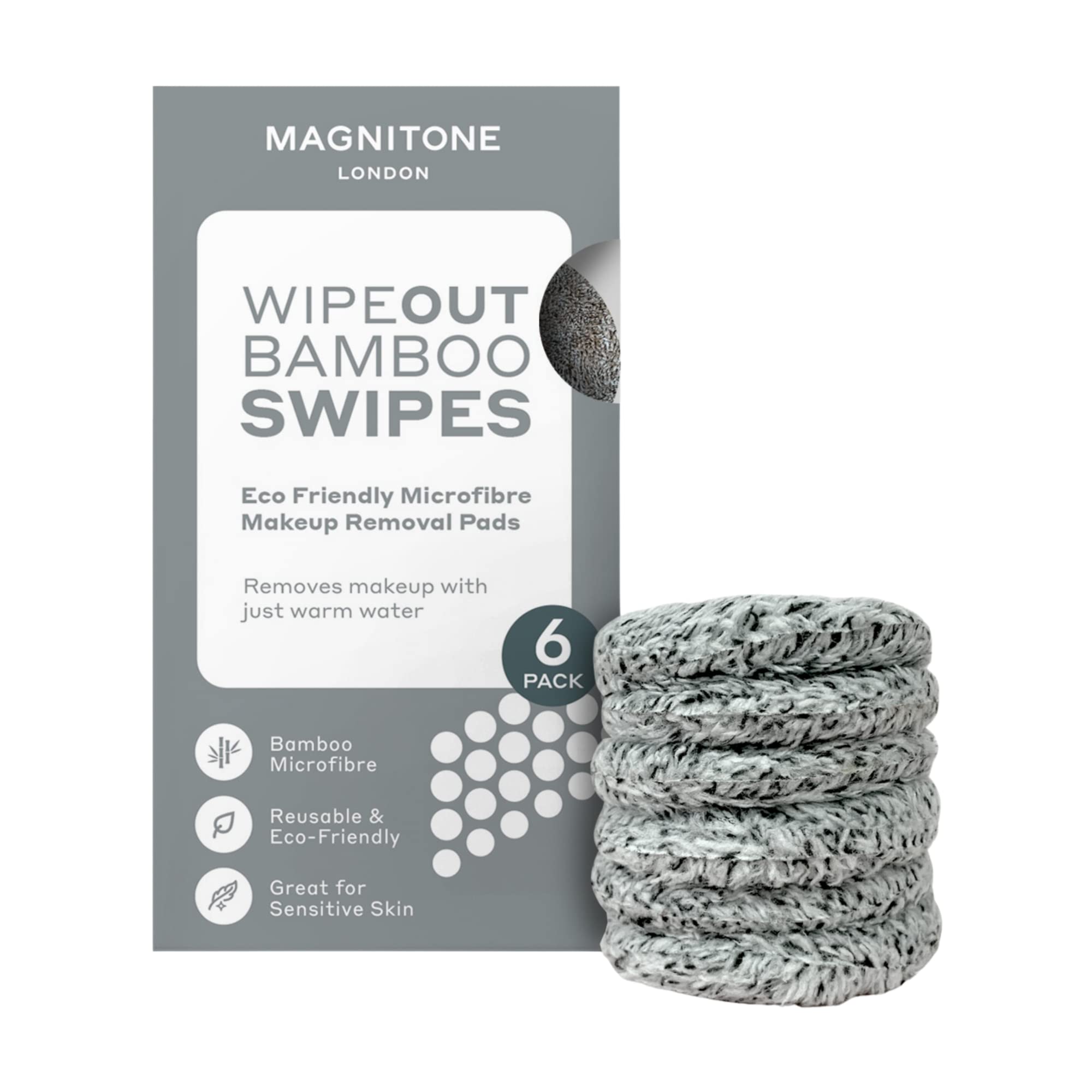 Magnitone WipeOut Bamboo Swipes Eco Friendly Microfibre Makeup Remover Pads, Remove Makeup with Water, 6x Reusable Removal Cleansing Pads, Use on Sensitive Skin, Eyes and Lips, No Cleanser Needed
