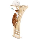 Cat Window Perch with Scratcher Ramp, 48-Inch Tall Wooden Climbing Tree | Fits Windows 13 Inches Wide or More;Heavy-Duty Suction Cups; Drill-Free; Sisal Scratching Mat; Holds Up to 45 lbs