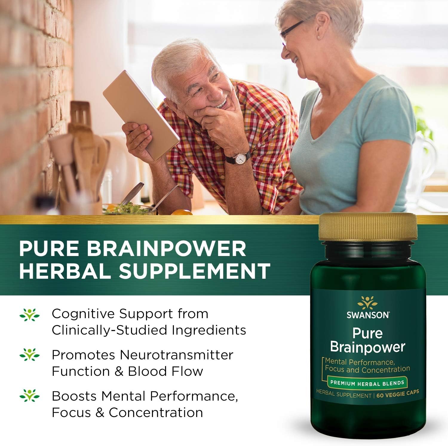 Swanson Pure Brainpower Brain Health Cognitive Memory Focus Support Brain-Derived Neurotrophic Factor (BDNF) Herbal Supplement (Ginkgo Biloba, Bacopa Monnieri) 60 Veggie Capsules (Veg Caps) Vegan: Health & Personal Care