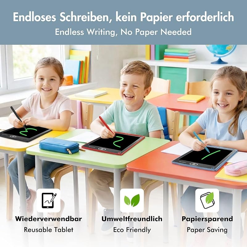 LCD-Schreibtafel 8,5", lösch- und wiederbeschreibbar, augenschonend, Bildschirmsperre, EIN-klick-Radierer, Magnete zum Anheften an den Kühlschrank, inkl. Stylus Stift, Farbe: Blau