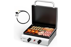 ROVSUN 2 Burner Portable Propane Griddle with Enameled Tray & Lid, 20,000 BTU Tabletop Flat Top Gas Grill with Electronic Ignition & Regulator for Outdoor Cooking Camping BBQ Tailgating Picnicking