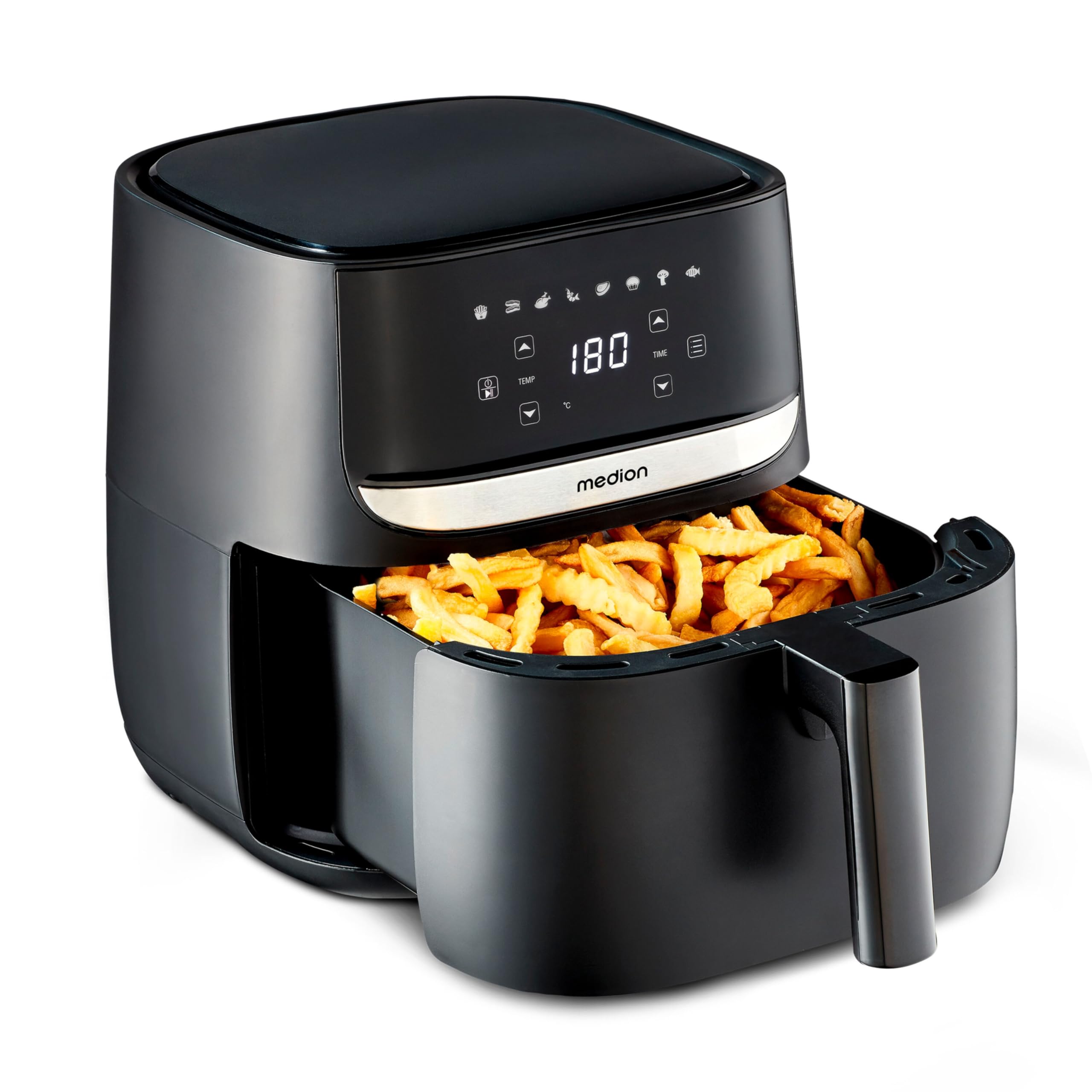 MEDION E50 XL Heißluftfritteuse (5,7 Liter, Airfryer, ca. 1700 Watt, Digitales Bedienfeld, 8 Automatikprogramme, ölfreies Frittieren, 30 Min Timer, Überhitzungsschutz, MD10532)
