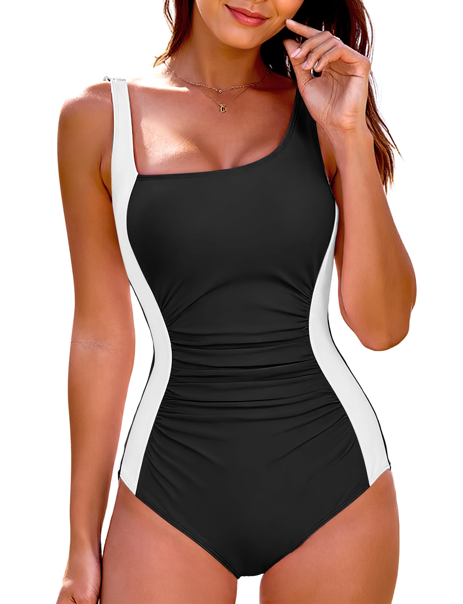 Photo 1 of Vivola Womens One Piece Swimsuit Asymmetrical Color Block Bathing Suit Trendy Slimming Tummy Control Swim Suits Soft Fabric Flattering Fit Stylish Design Ideal for Beach and Pool