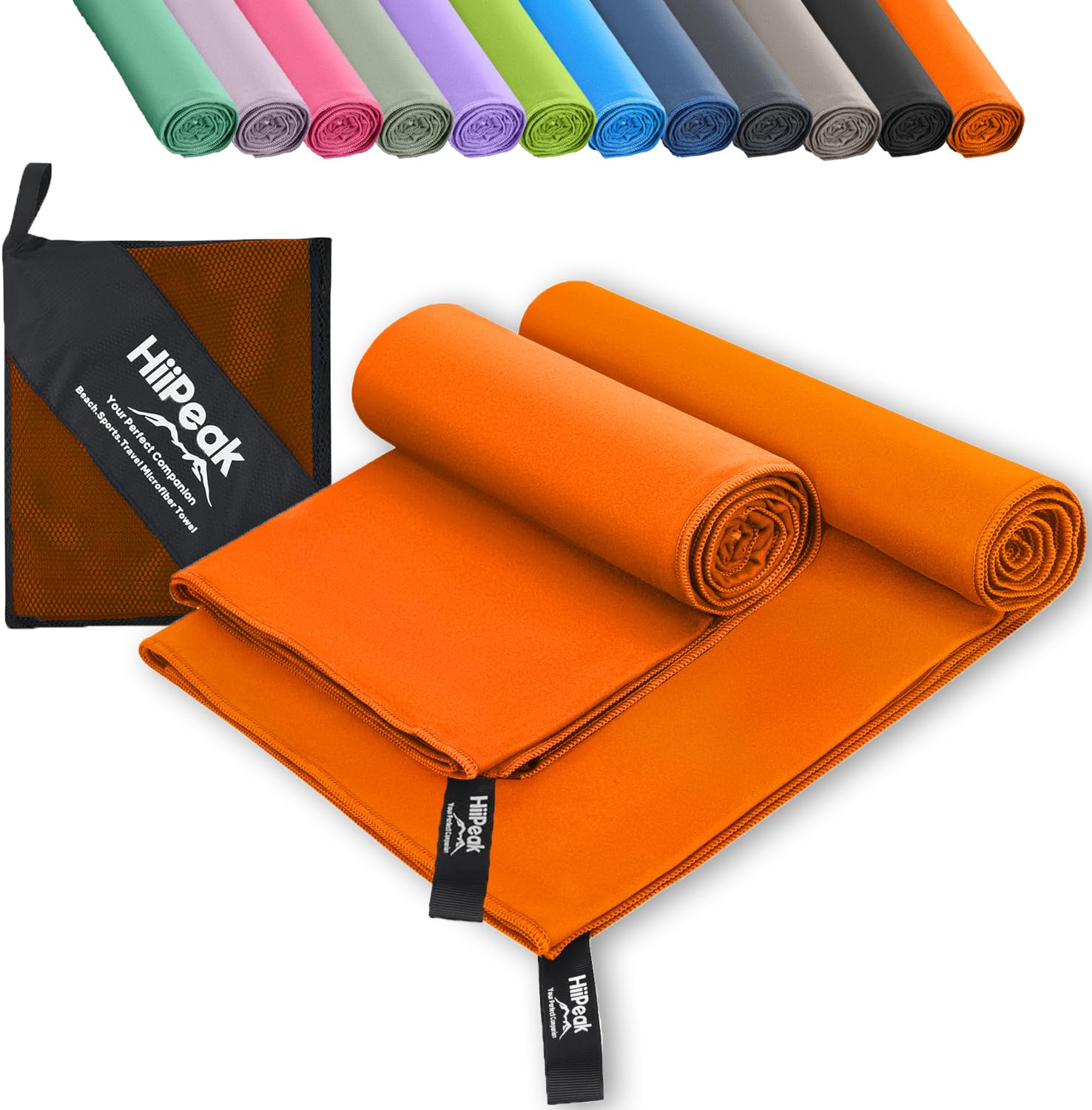 HiiPeak Microfibre Towel Compact Camping Beach Towel - Quick Dry Lightweight Absorbent Sports Gym Swimming Hiking Drying Towel for Men,Women (Orange-2pack, 160cm x 80cm + 80cm x 40cm)
