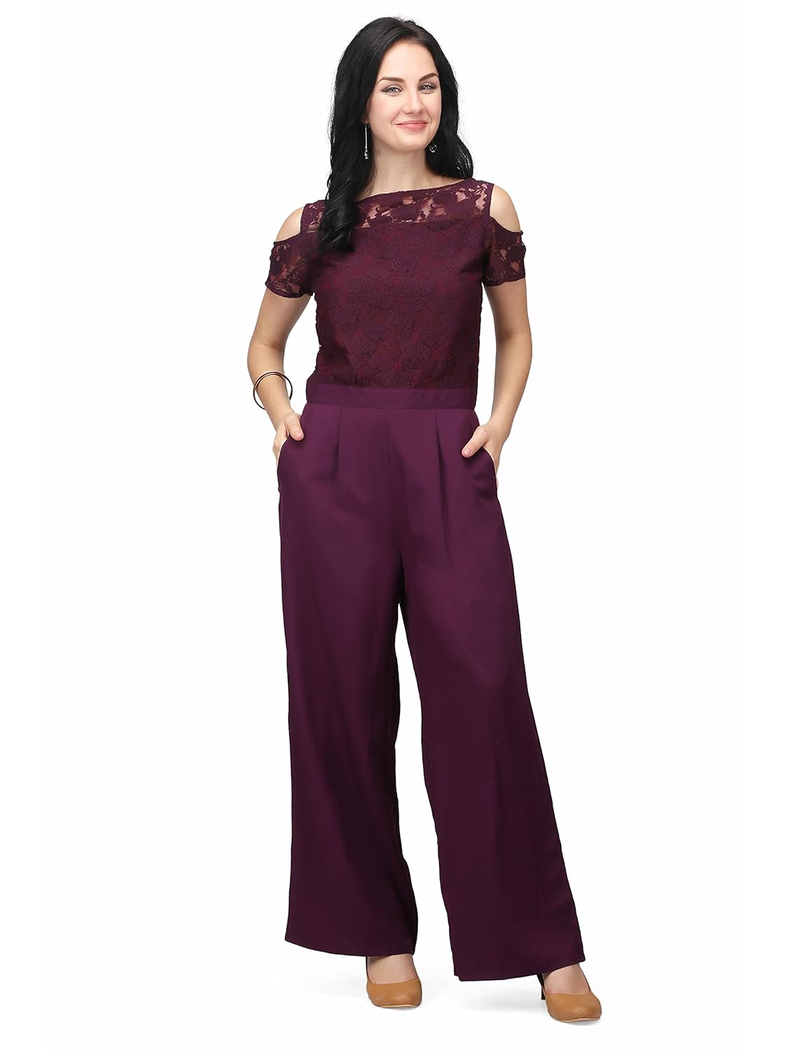 eavan women's premium burgundy a-line lace jumpsuit
