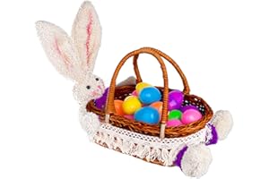 Exun Wicker Easter Basket with Stuffed Bunny Plush and Handle for Kids Girls Boys Toddlers - Brown Hand Woven Willow Basket for Egg Hunt Rabbit Eggs Gift Bags Portable Party Candy Storage Decoration