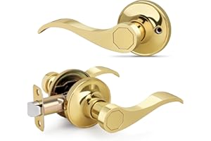 LOQRON Wave Style Door Lever Passage Door Handle, Gold Keyless Interior Lever Reversible for Left/Right Handed for Hallway and Closet with Polished Brass Finish, 1 Pack