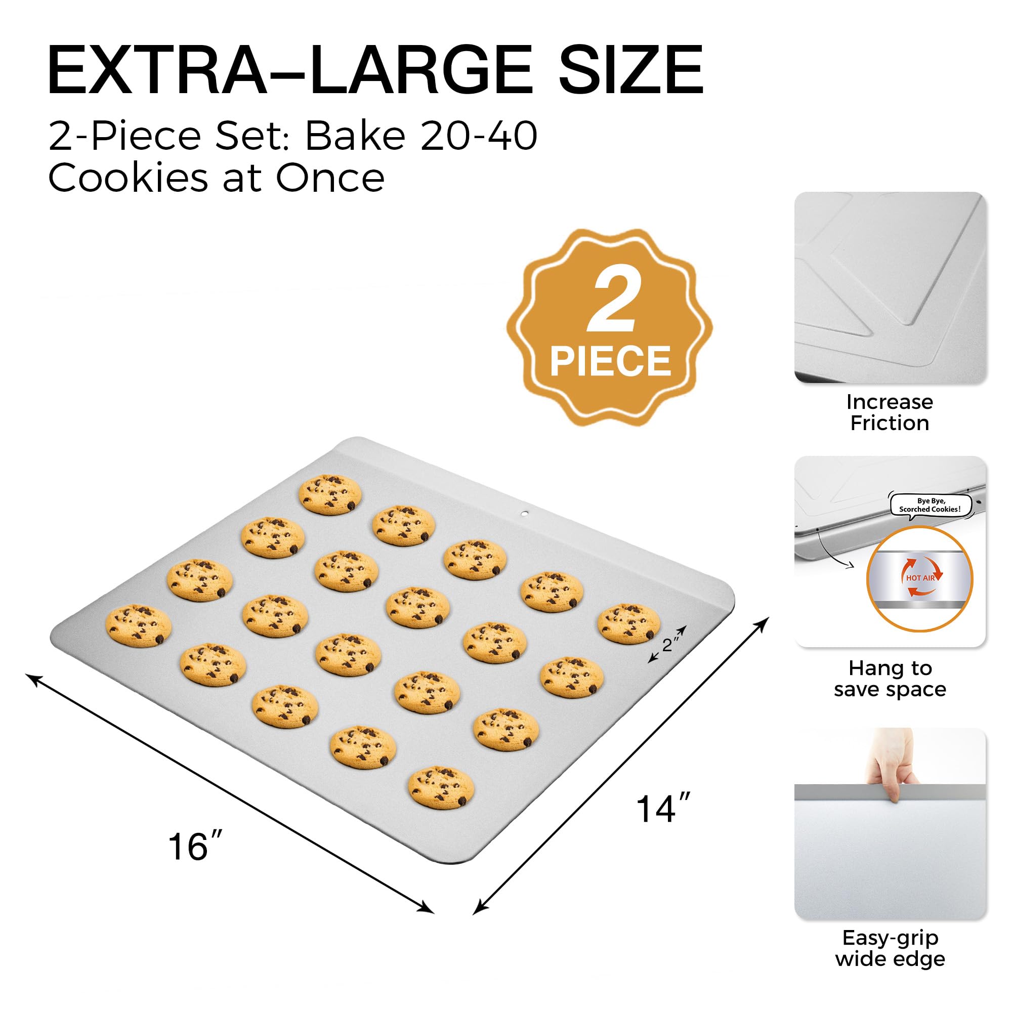 HONGBAKE 2 Pieces Large Flat Cookie Sheet No Edges, Nonstick Insulated Baking Pan, Commercial Oven Trays for Cooking, 16