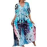 Bsubseach Kaftan Dresses for Women Plus Size Tie Dye Batwing Sleeve Caftans Swimsuit Coverup Maxi Dress Loungewear
