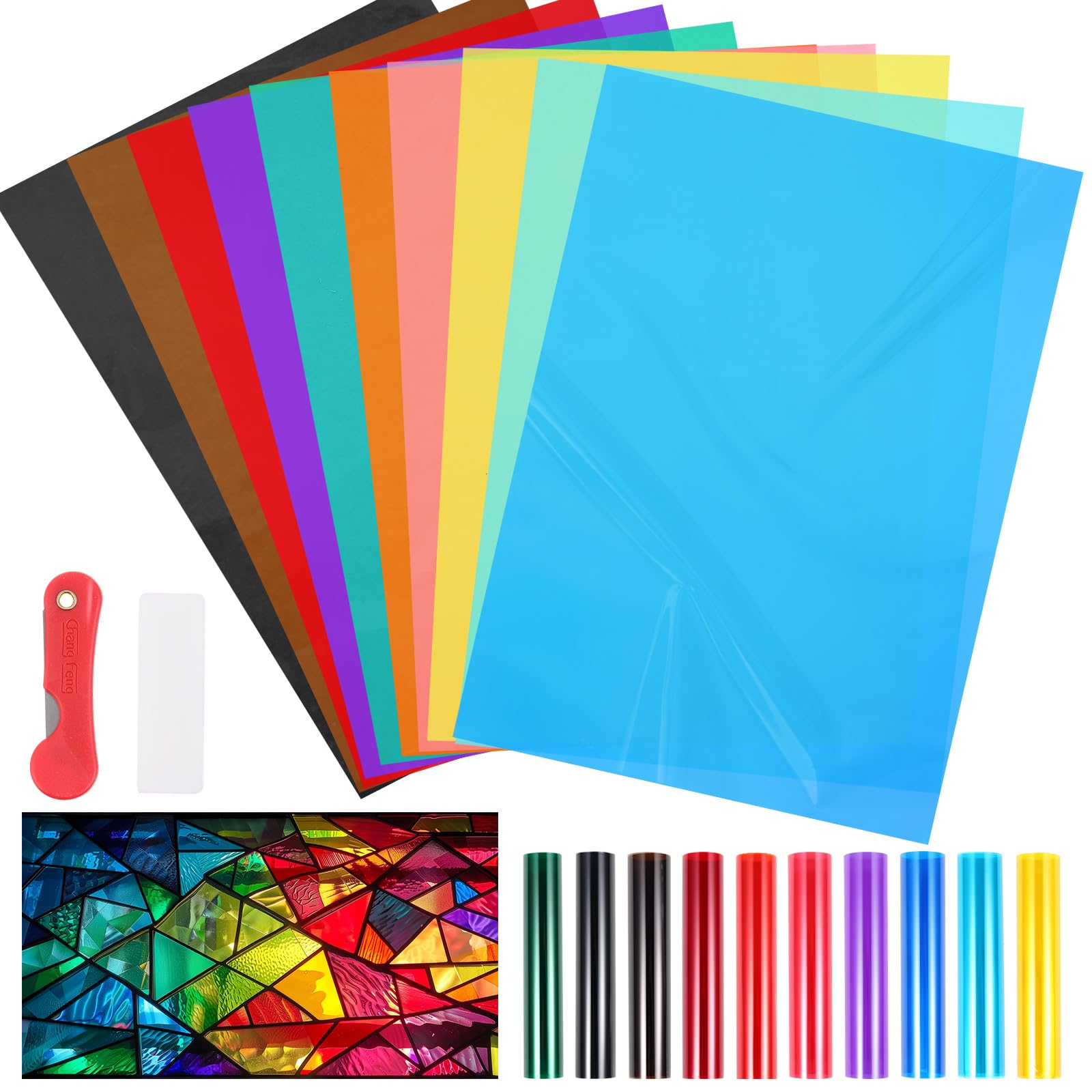 Photo 1 of AmazingSpark 20 Sheet 10 Colors Window Film Transparent Decorative Glass Film Self-Adhesive Window Tinting with Knives and Scrapers for DIY Party Home Decoration A4 Sample 21 cm x 30 cm