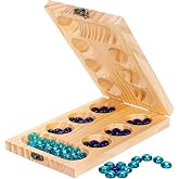 Wooden Mancala Board Game Set, Travel Mancala Game for Kids and Adults | Foldable Board, Durable Wood, 17.6x5.2" Size, 48+2 Bonus Glass Stones, Easy Instructions, Strategy Family Activity
