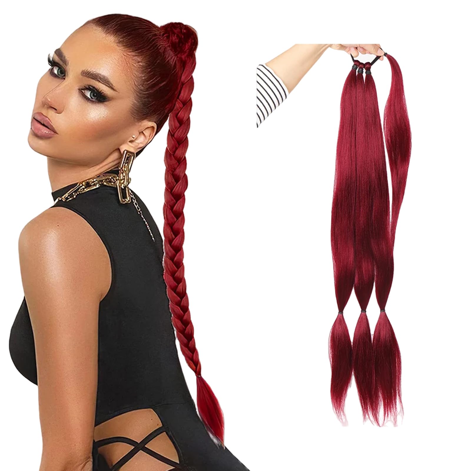 32" Long Braid Ponytail Hair extensions Wrap Around Pony Hair Pieces Drawstring Ponytail Clip In Braiding Pony Hairpiece for women girls (burg, 32INCH/80cm)