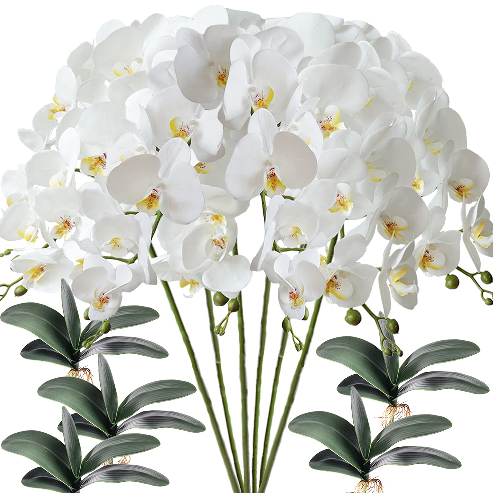 FagusHome 6 Pcs Artificial Phalaenopsis Flowers with 5 Bundles Leaves Artificial Orchid Flowers Stem Plants for Home Décor