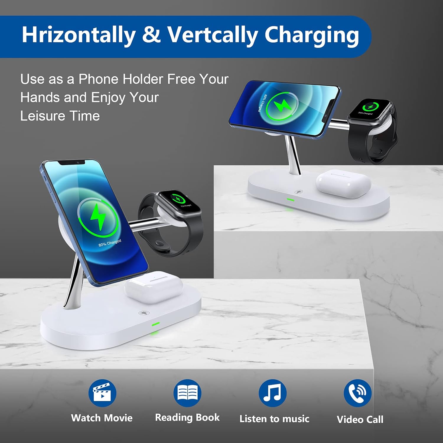 NOOOZA 3 in 1 Magnetic Wireless Charger Fast Charging Station Dock with 20 W QC3.0 Adapter Compatible with iPhone 12/12 Pro Max/Mini/AirPods Pro/AirPods 2 Magsafe Case iwatch Series, White: Electronics