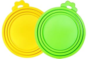 MoPawKT- Silicone Cat/Dog Food Can Covers Lids, Universal 3 Sizes Fit for 3oz, 5.5oz, 6.5oz, 13oz, 13.2oz Pet Food Cans, BPA Free, Reusable (box set of 2 lids in Green & Yellow)