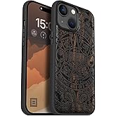 Carveit Magnetic Wooden Case for iPhone 15 Case, Compatible with MagSafe Wireless Chargers, Black Soft TPU Shockproof Cover & Wood Artisan Engraved (Maya Calendar) - Blackwood