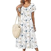 Zeagoo Women Midi Dresses for Summer 2026 Short Sleeve Casual Flowy Dress A Line Pleated V Neck Beach Sundress with Pockets