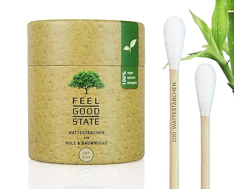 200 Wattestäbchen aus Holz von Feel Good State | inkl. Spender-Box im Bambus-Design | 100% biologisch abbaubar, nachhaltig un