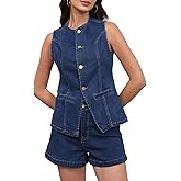 ECHOINE Women's Denim 2 Piece Set Sleeveless Blazer Vest Tops and Jeans Shorts Outfit Casual Business Suits