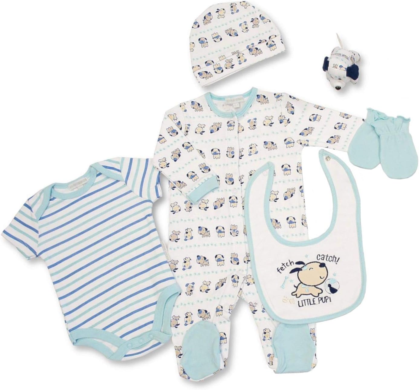 Baby Clothing Gift Set - Cotton Layette Newborn Boy or Girl - Sleepsuit, Bodysuit, Bib, Hat, Scratch Mitts and Soft Toy - Newborn, Blue Puppy