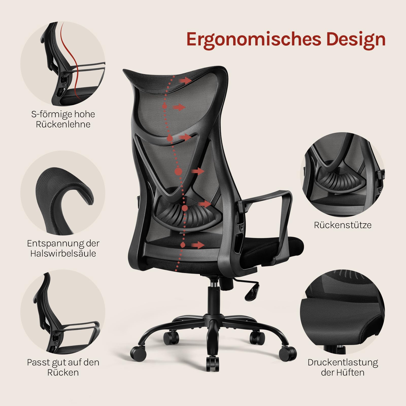 Klihome Bürosessel Ergonomisch, Bürostuhl Schaukelfunktion 360° Drehbar, Schreibtischstuhl mit Armlehnen, Arbeitsstuhl aus atmungsaktivem Netzstoff, Schwarz 4