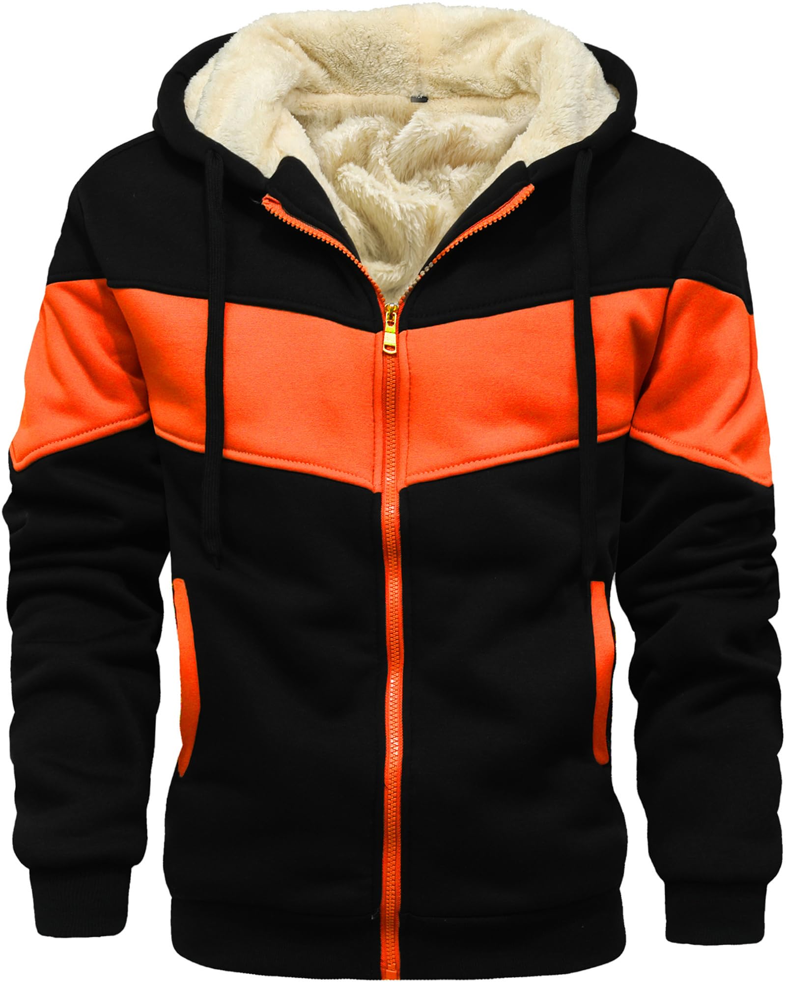 AIELVIN Men's Winter Fleece Thermal Jackets for Men Sherpa Lined Hoodies Warm Thick Jacket Outerwear Black Orange Black(995) XL Image