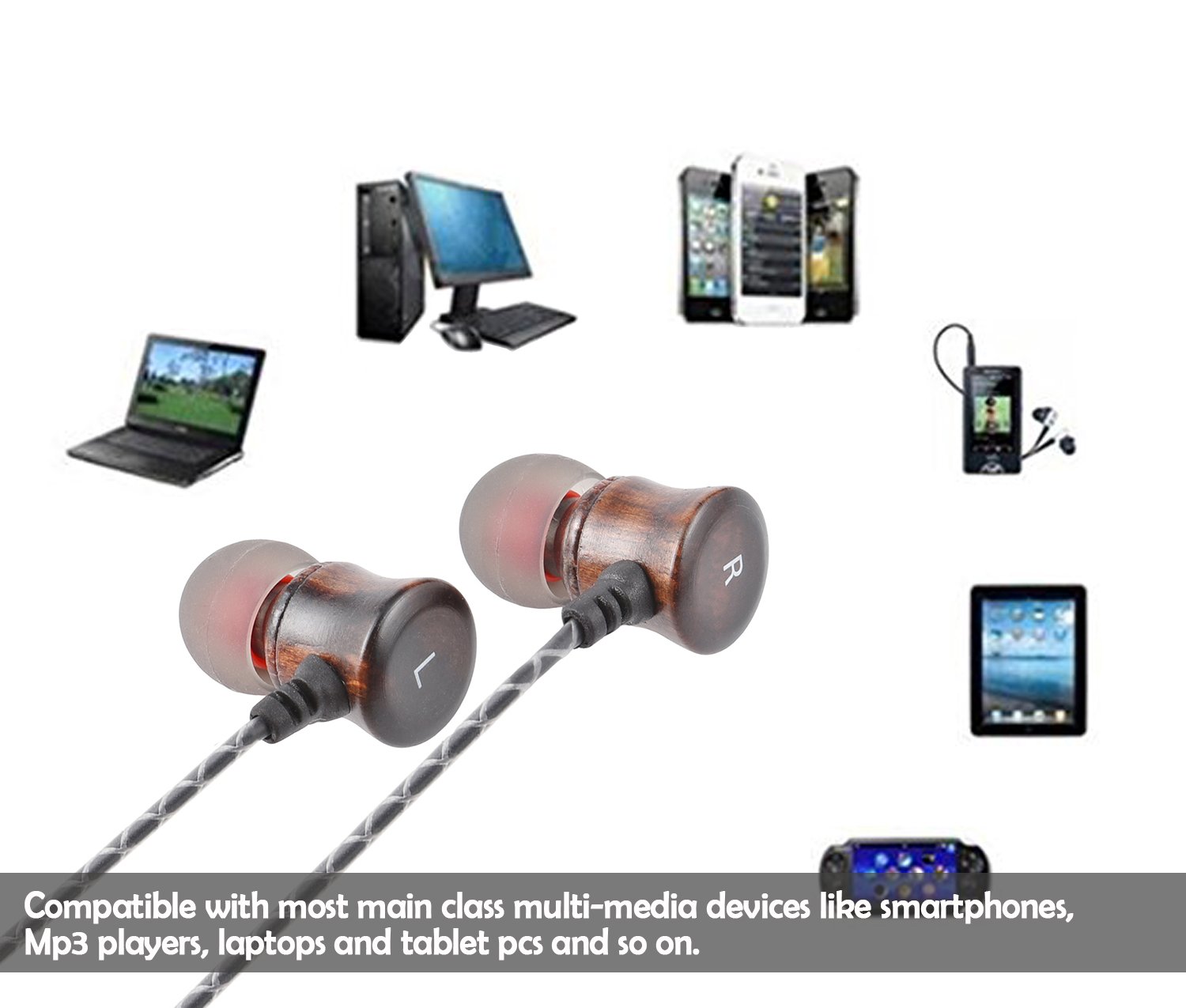 VirKech Premium Wood Headphones Noise-isolating In-ear HiFi Stereo Music Earbuds Headsets with HD Microphone