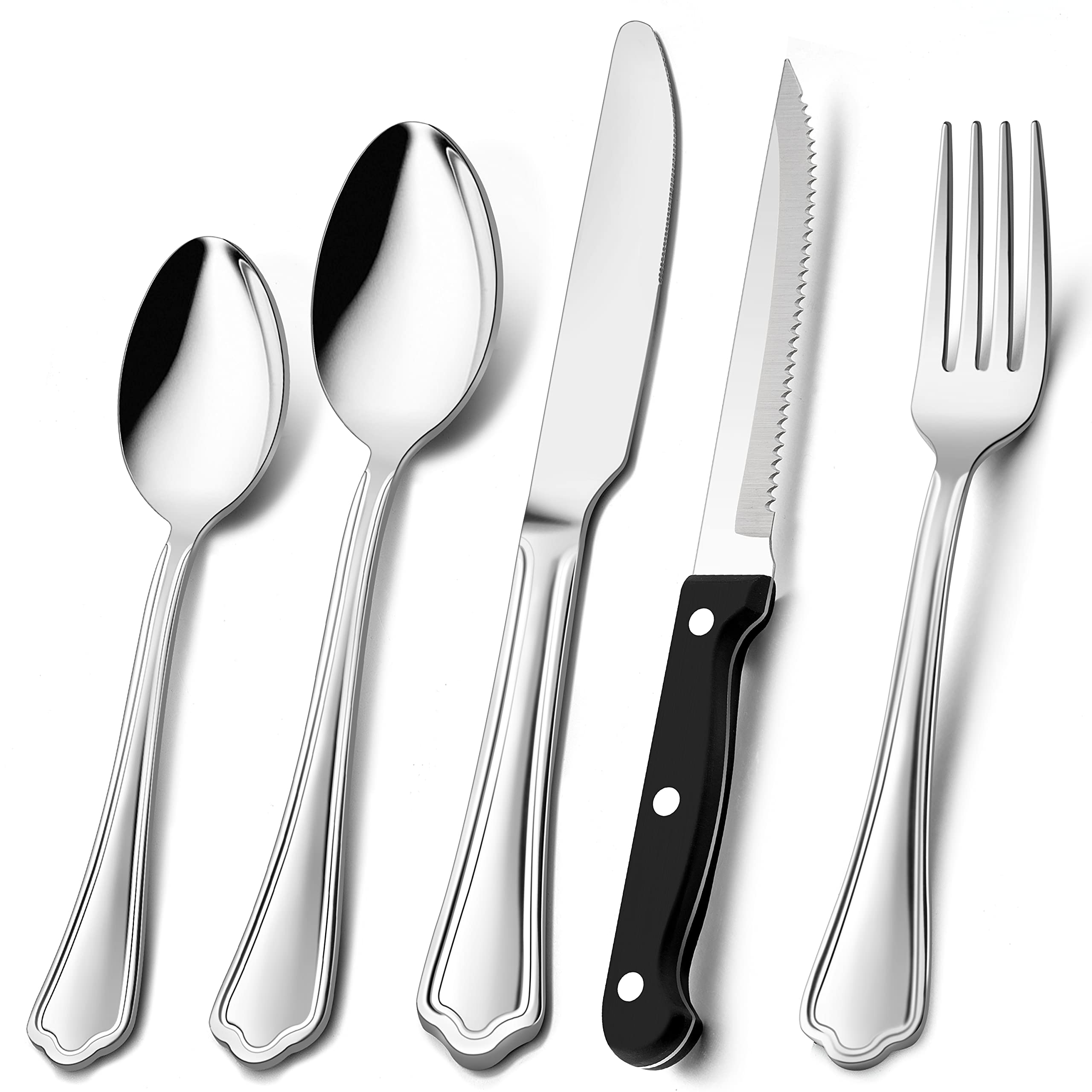 Cutlery Set, Herogo 30-Piece Cutlery Sets with Steak Knives, Stainless Steel Tableware Silverware for 6 People, Mirror Polished Knives Forks Spoons, Modern Pattern Design, Dishwasher Safe