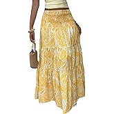 ZAFUL Women’s Summer Boho Maxi Skirts Bohemian Print Smocked High Wasited Flowy Tiered Ruffle Long Beach Skirt