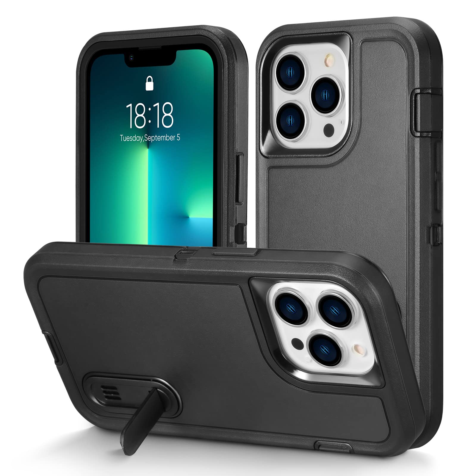 Bosdeny Shockproof Case for iPhone 13 Pro Max, Rugged Protective Heavy Duty Case with Stand, 3-Layer Military Grade Kickstand Phone Case Cover for iPhone 13 Pro Max 6.7 inch (Black)