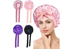 Fidqiog 4 Pcs Silk Hair Bonnet for Sleeping, Satin Bonnet for Sleeping Curly Hair, Silk Hair Cover Wrap, Cross Ribbon Night S