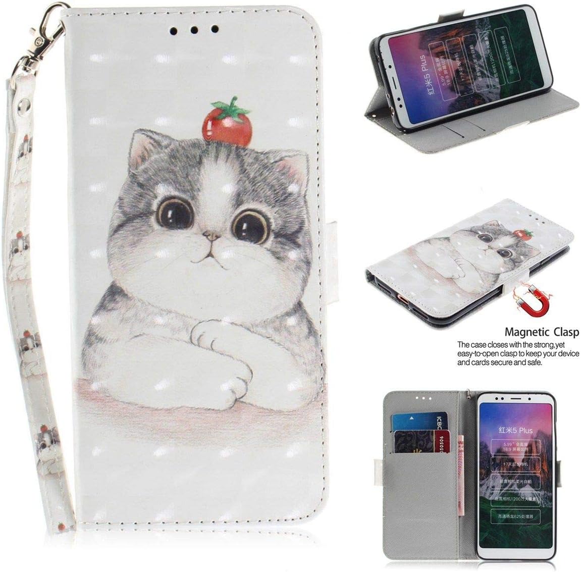 JEEXIA® Case For Xiaomi Redmi 5 Plus, Classic PU Leather Flip Wallet Cover case Built-in bracket Card Slot Anti-scratch 3D painting effect - Cute cat