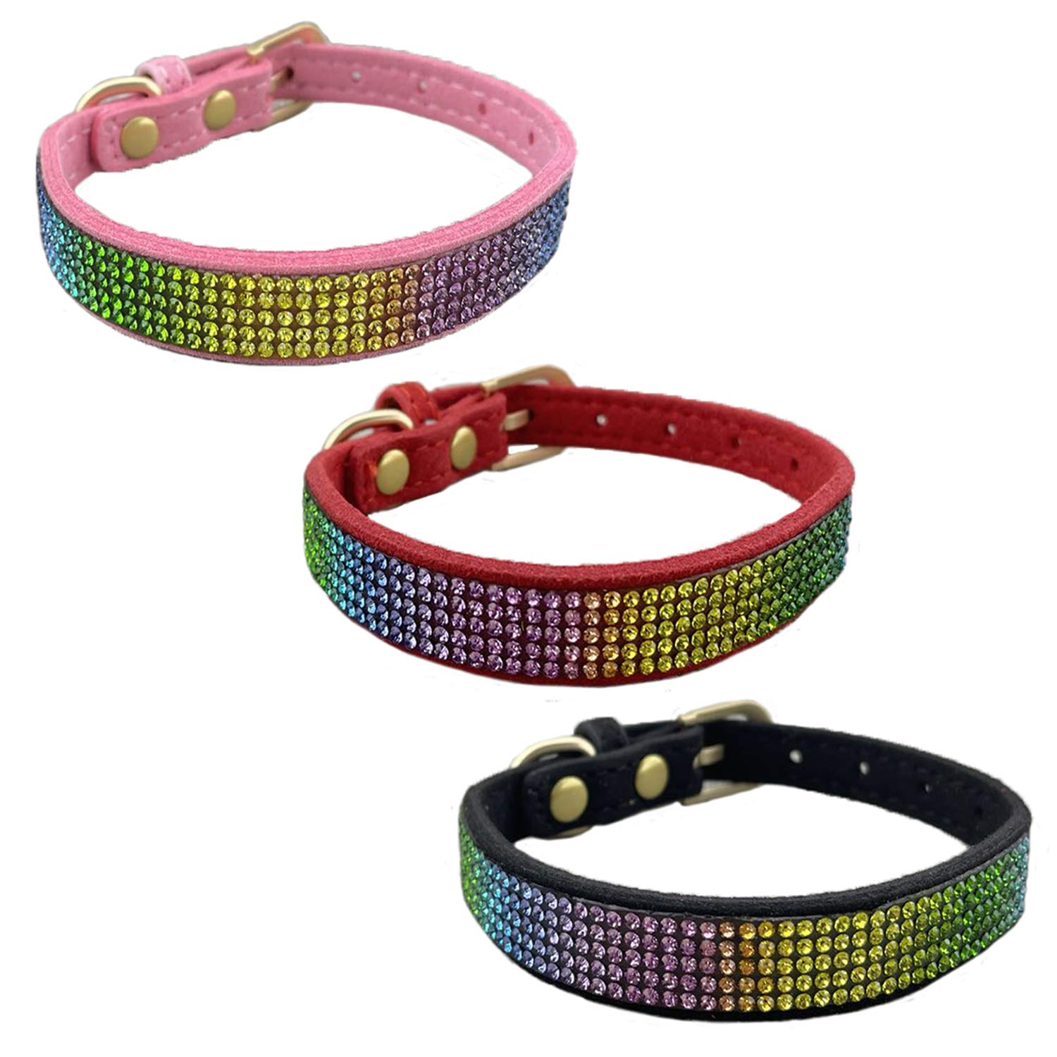 Newtensina 3 Pieces Colorful Diamante Dog Collar Rainbow Colored Puppy Collar for Small Dogs - PinkBlackRed - XS