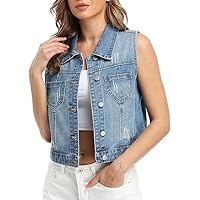 Retro Denim Vest, 100% Cotton, Spread Collar, Functional Pockets. Blue Jean Sleeveless Vintage Utility, Womens Oversized Pull On Jacket Gift