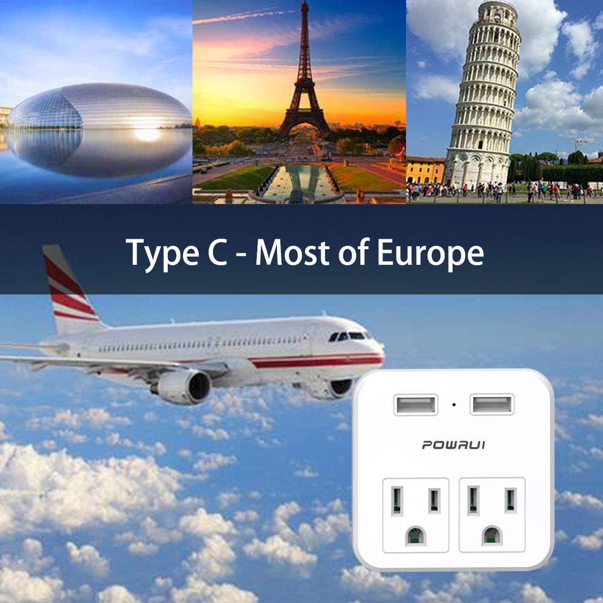 European Travel Plug Adapter, POWRUI 2 Pack International Power Adapter with 2 AC Outlets and Dual USB ports for USA To Most of Europe EU Israel Brazil Italy(Type C - Most of Europe): Home Improvement
