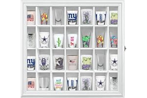 ILOT Shot Glass Display Cabinet Solid Wood - Large Display Case for Collectibles | Man Cave Accessories | UV Protection Acrylic Door | Wall Mounted Black Shadow Box | 28 Divided Slots | 18" x 16"