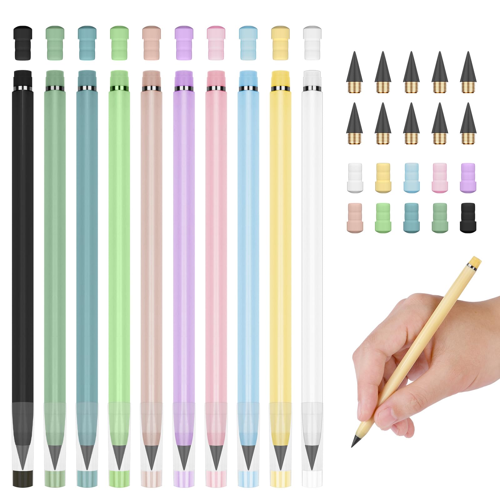 Vicloon Inkless Pencils, 10pcs Everlasting Pencil and 10pcs Replacement Nibs, Portable No Ink Pen and Eraser Replaceable Graphite Nib for Kids,Adults,Home,Office,School Supplies(A)