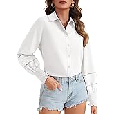LYANER Women's Collared V Neck Eyelet Flounce Long Sleeve Button Down Blouses Shirts Top