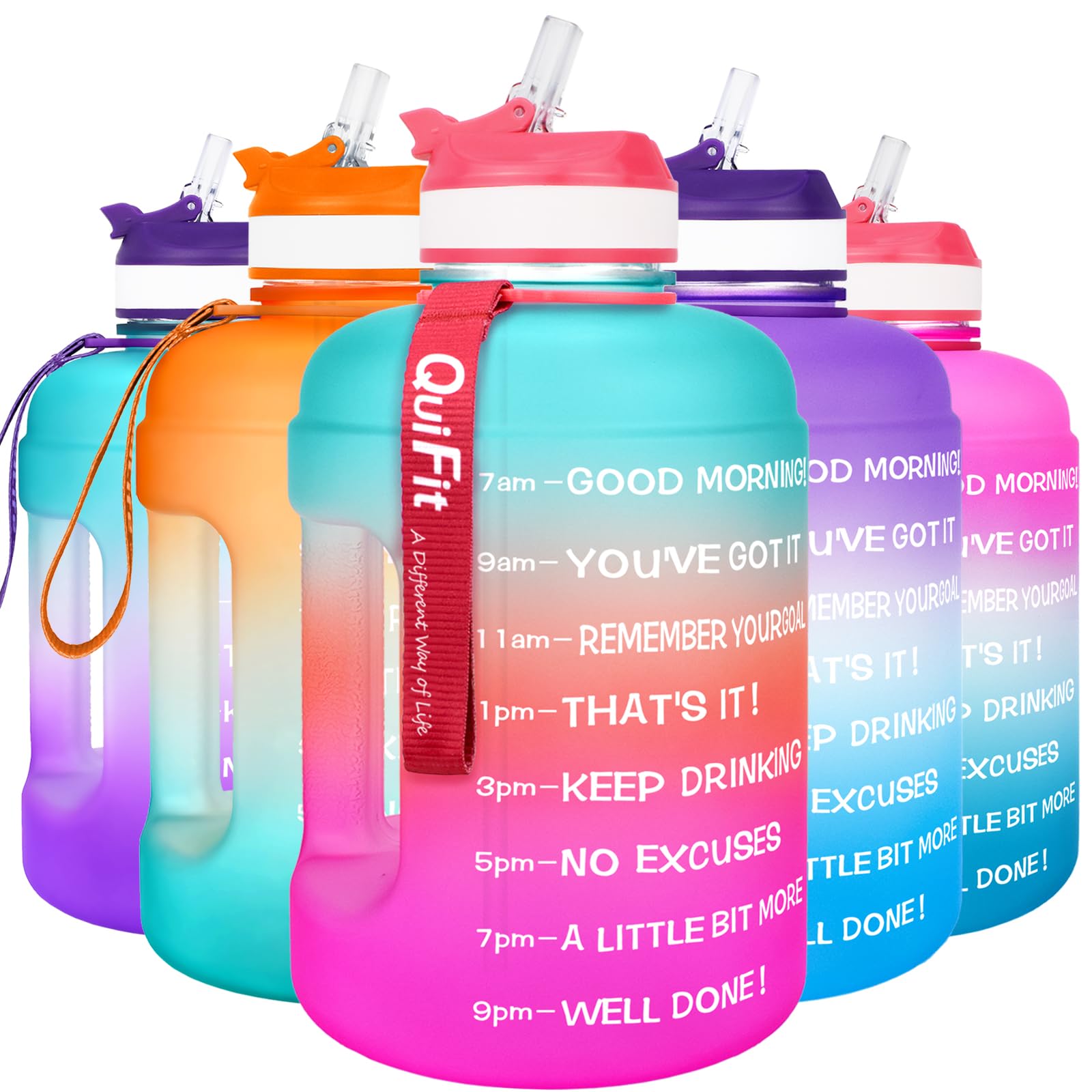 QuiFit 2.2 Litre Motivational Water Bottle - with Straw & Time Marker,Wide Mouth,BPA Free,Reusable,Ideal for Gym,Outdoor Sport,Home & Office (Green/Pink Gradient, 2.2 Liter)