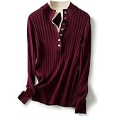 Ciovkis Women's Merino Wool Blend Sweater 2025 Fall Winter Fake Two Piece Color Block Stand Collar Long Sleeve Knit Pullover