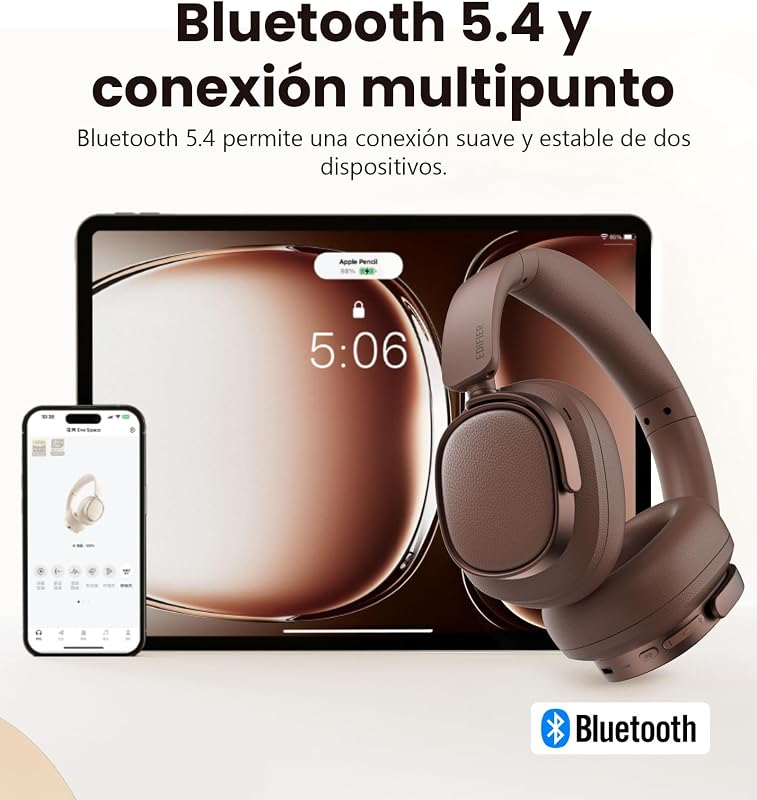 ES850NB auscultadores sem fios com cancelamento de ruído, LDAC, áudio de alta resolução, Bluetooth 5.4, multiponto, controlo tátil, até 92 horas de reprodução - castanho