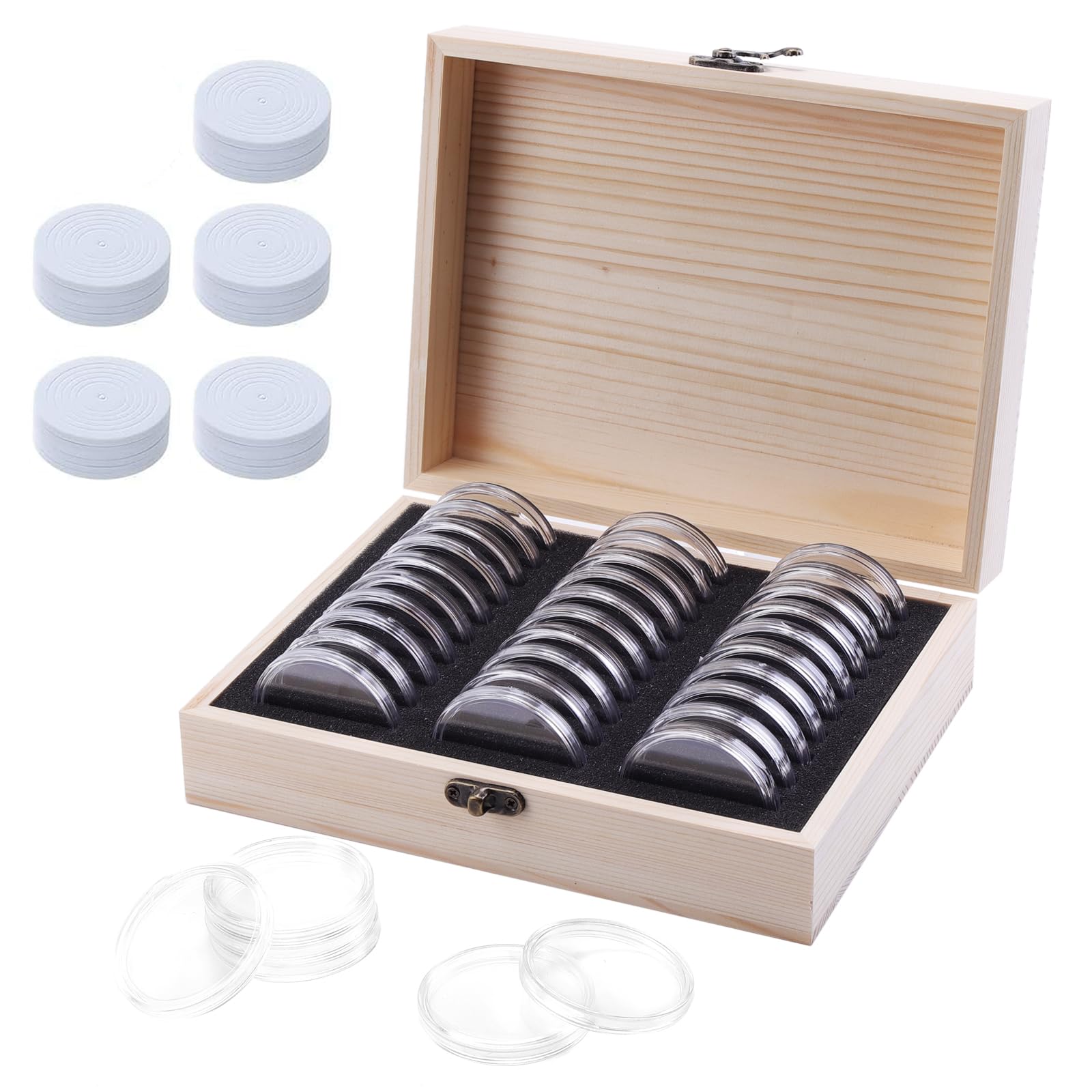 Kyrio 30 Pack Coin Holder Case Wooden Coin Box with Round Plastic Coin Capsules, Coin Organizer Protection Box for Coin Collectors Fit for Coin Sizes 17-45mm