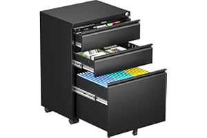 Bonusall Black File Cabinet, 3 Drawer Mobile File Cabinet with Lock and Wheels, Under Desk Metal Filing Cabinet for Office， Rolling Cabinet with 2 Keys for Legal/Letter/A4 Size, Fully Assembled （B）