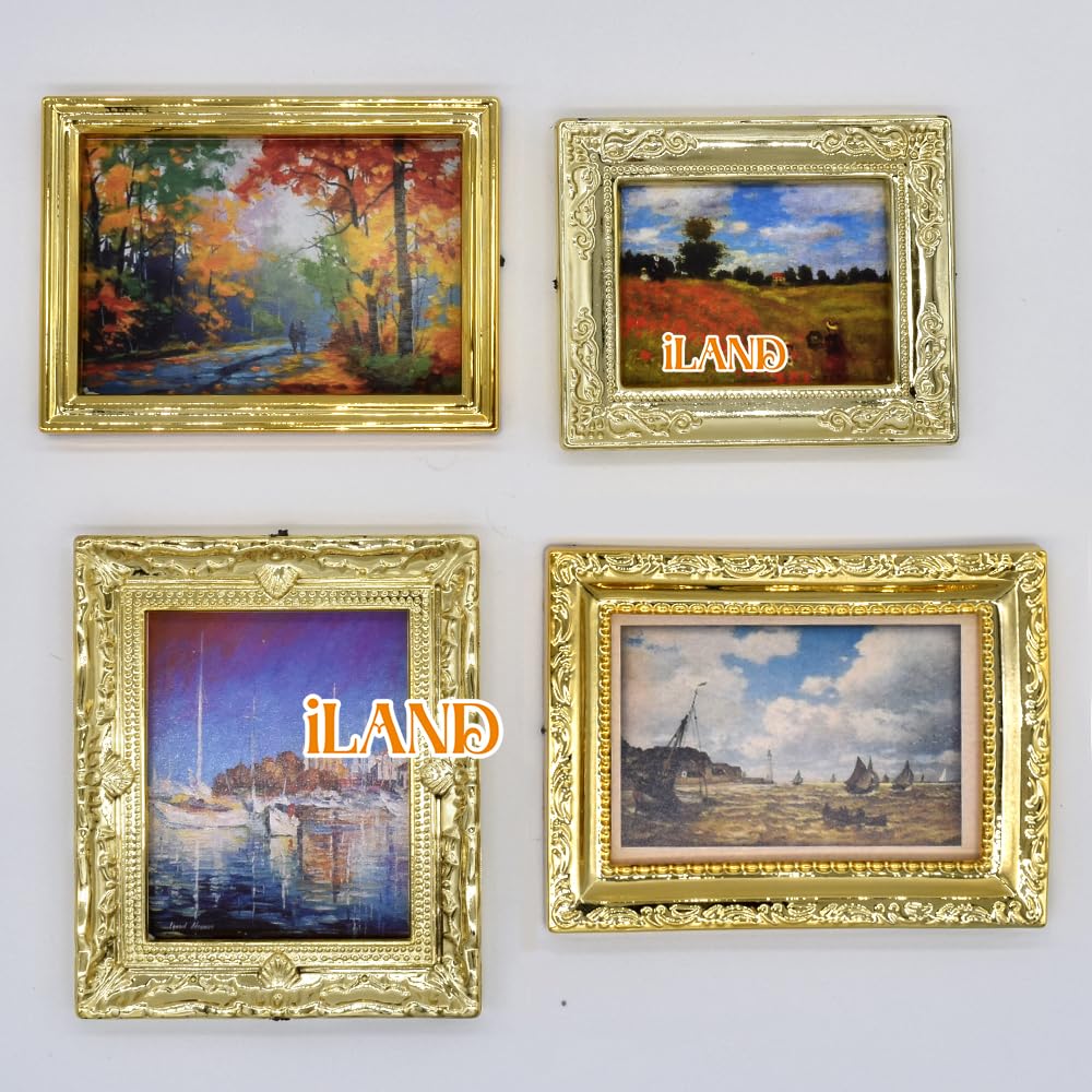 iLAND Miniature Dollhouse Accessories for Dollhouse Furniture on 1:12 Scale, Dollhouse Frames w/Printed Classic Paintings Set (4 Bright Golden Frames & Pictures)