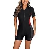 Halcurt Women's Boyleg One Piece Rash Guard with Built in Bra Zip Front UPF50+ Short Sleeve Full Body Surfing Swimsuit