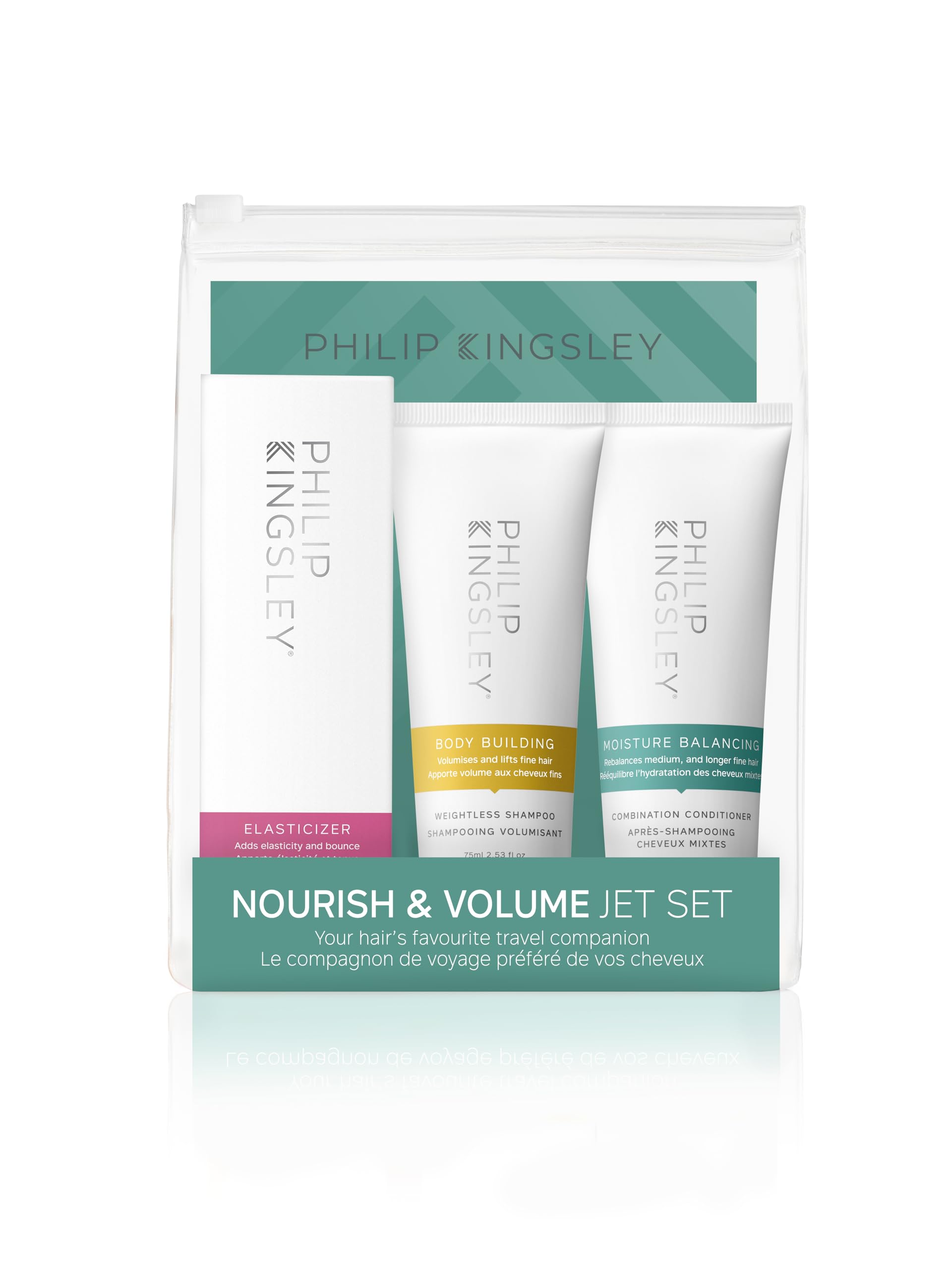 Philip Kingsley | Nourish And Volume Haircare Travel Set | Contains Elasticizer, Body Building Shampoo and Moisure Balancing Conditioner | Hair Travel Essentials | 3 x 75ml