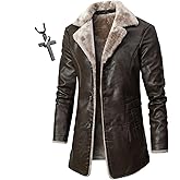 HECLOK Mens Genuine Leather Biker Jacket 3/4 Length Coat Warm Winter Long Leather Jacket Lined Trench Coat+（Necklaces）