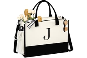 QLOVEA Initial Canvas Tote Bag - Reusable Grocery Bags, Birthday Gifts Basket for Bridemaids Friends Teachers