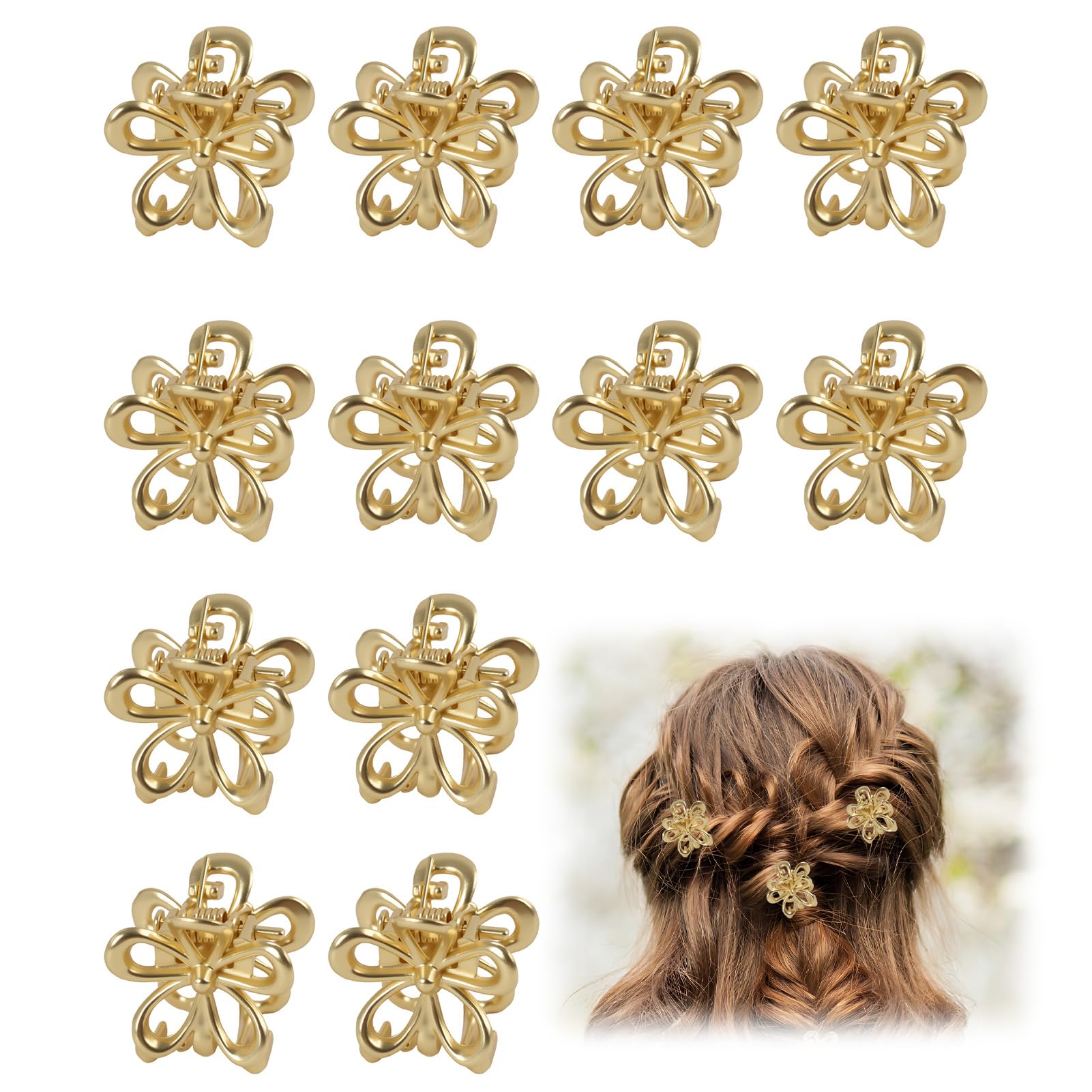 Photo 1 of 12PCS Mini Gold Flower Hair Clips, Small Flower Gold Hair Clips for Women Thin Thick Hair, 0.6" Mini Hair Clip Flowers Metal, Decorative Flowers for Girls and Women Gift