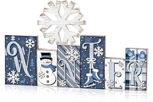 Yousoontic 2 Pcs Winter Table Decor Snowman Christmas Table Centerpieces Blue and White Snowman Tiered Tray Decor Snowflake Block Signs Winter Decorations for Home Kitchen Office Shelf